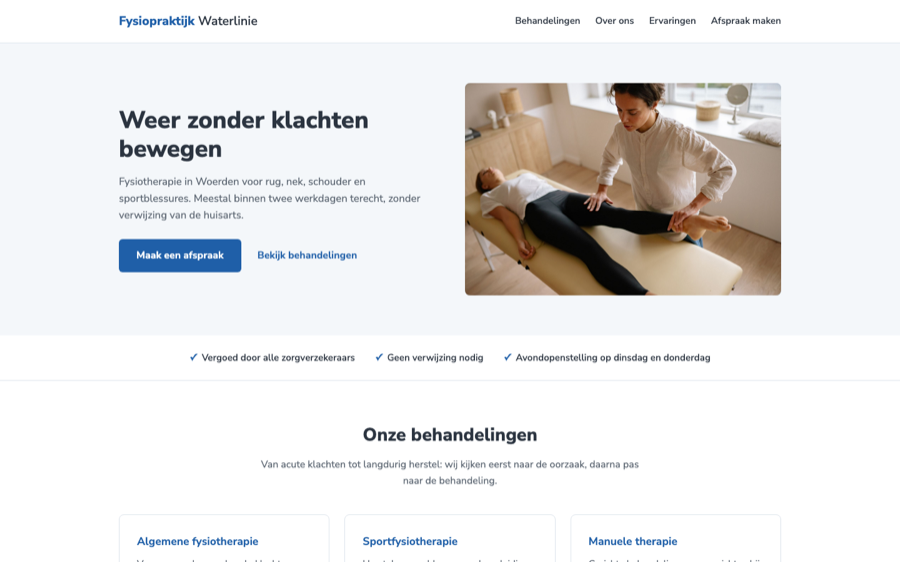 Schermafbeelding van de voorbeeldsite Fysiopraktijk Waterlinie