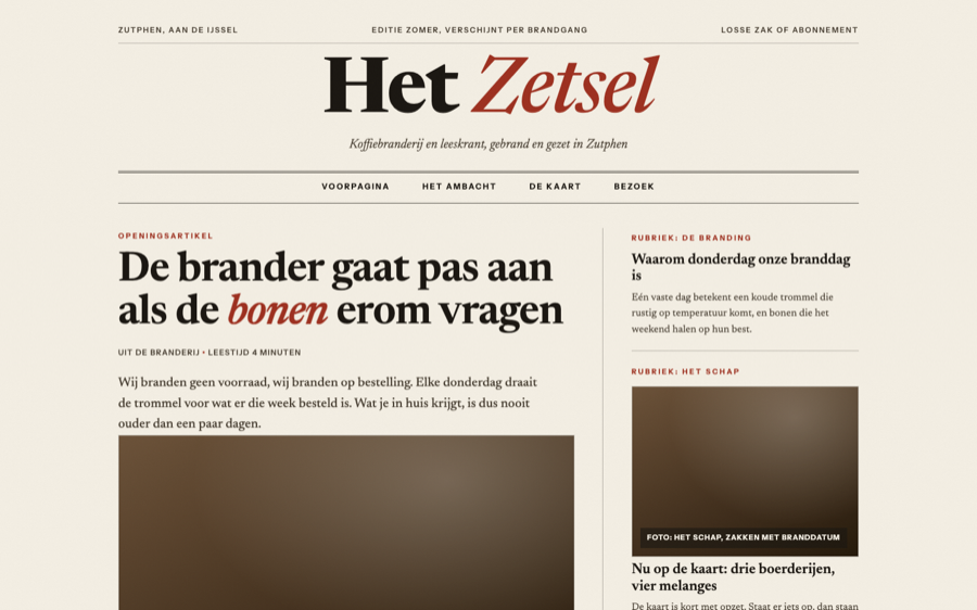 Schermafbeelding van de voorbeeldsite Koffiebranderij Het Zetsel