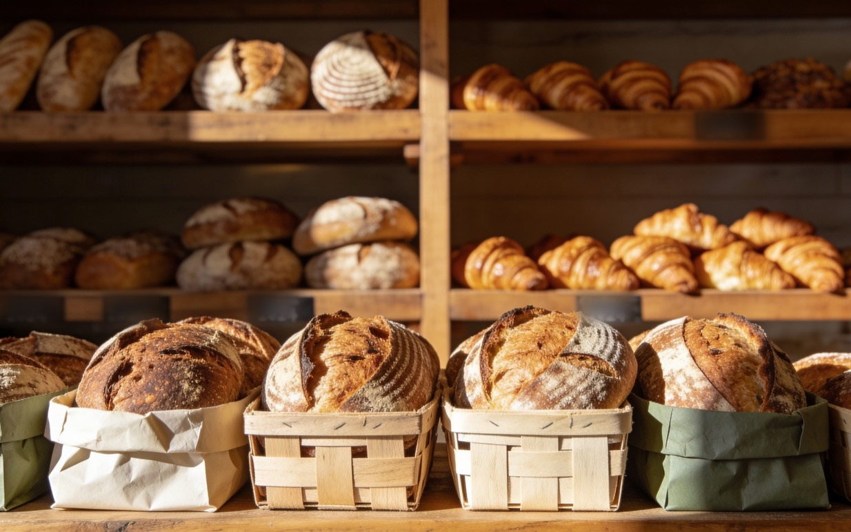 Houten schappen vol zuurdesembroden en croissants, met vooraan manden en papieren zakken met ronde broden.