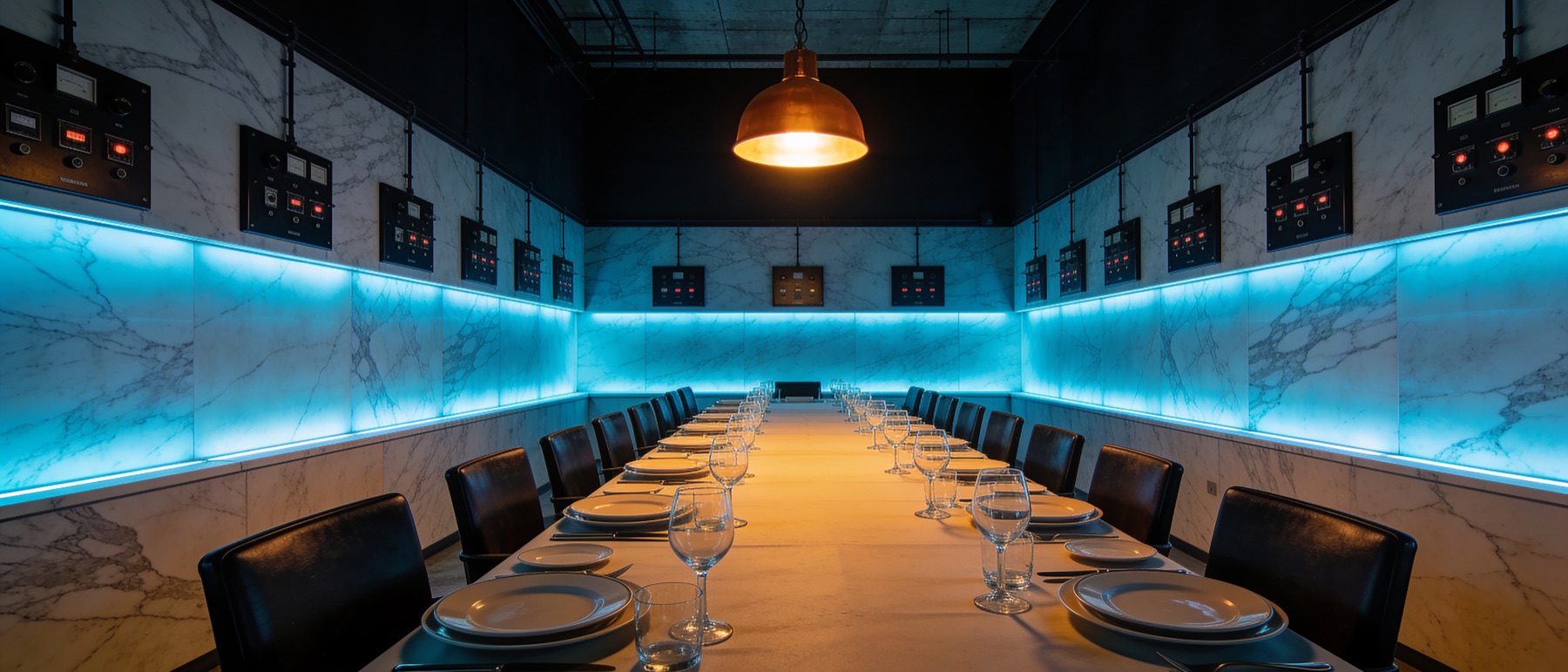 Het Schakelhuis: een lange gedekte tafel met leren stoelen tussen wanden van wit marmer, oude schakelpanelen aan de muur, een koele blauwe lichtstrook langs de wand en een warme koperen pendellamp boven de tafel.