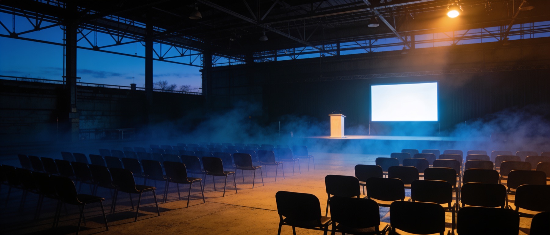 Congresopstelling in de hal bij schemer: rijen lege stoelen in blauwe rook, een verlicht spreekgestoelte en een oplichtend projectiescherm op het podium.