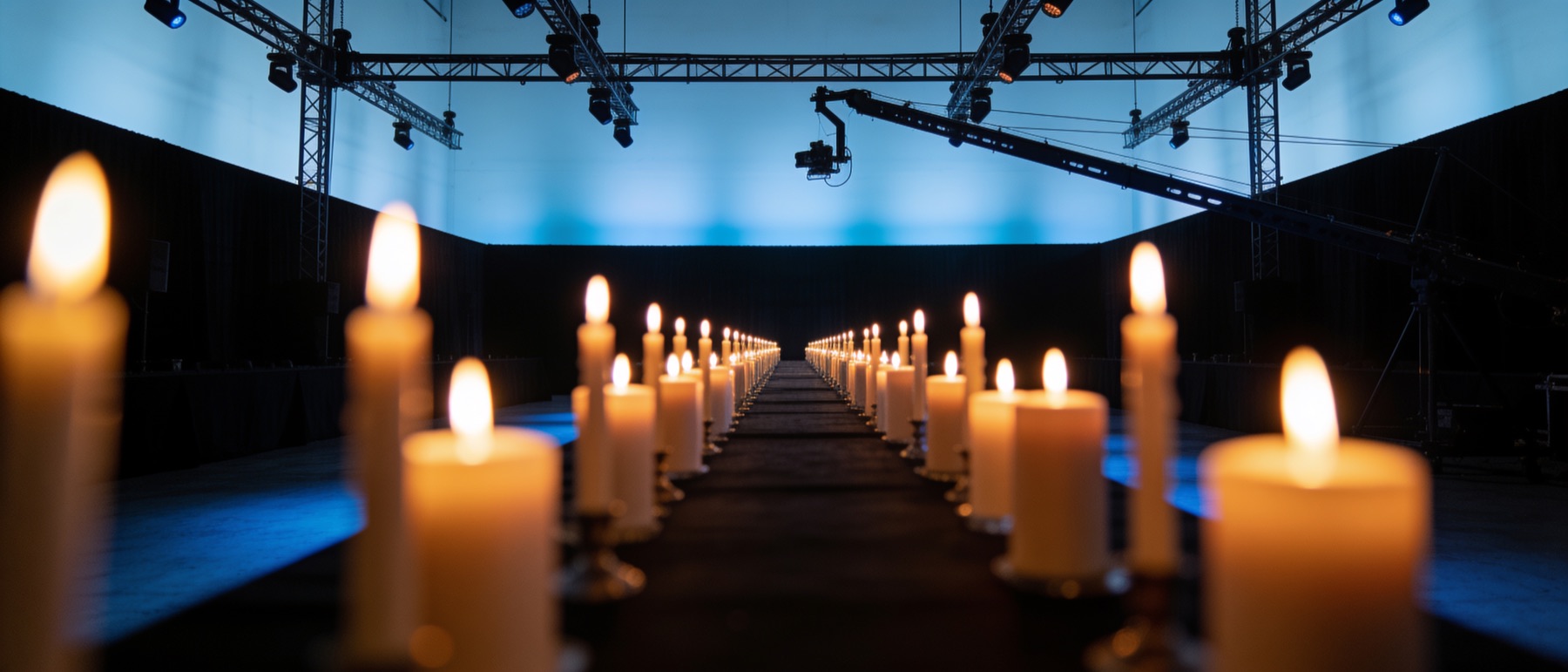 Een lange gedekte tafel die tot ver in de zaal doorloopt, aan weerszijden een rij brandende kaarsen, daarboven lichttrussen tegen een blauw uitgelicht plafond.