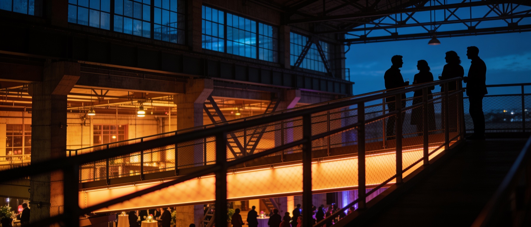 Feest bij avond: vier gasten met een glas in de hand als silhouet op de loopbrug tegen een blauwe avondlucht, daaronder de warm oranje verlichte hal met staantafels en publiek.