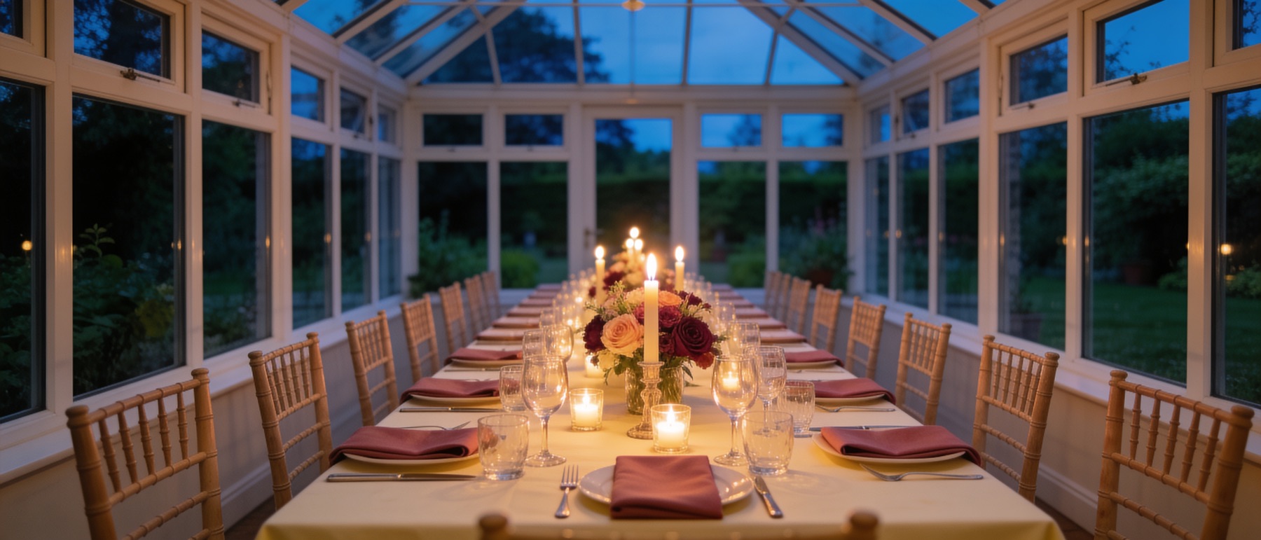 De oranjerie bij het diner: een lange gedekte tafel met kaarsen, glaswerk en bloemen, glaswanden rondom en de tuin die buiten donker wordt.