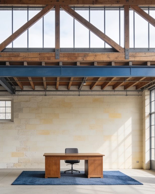 Kantoorruimte in een oude scheepsloods met houten spanten, een blauwe stalen ligger en een bureau op een blauw kleed.